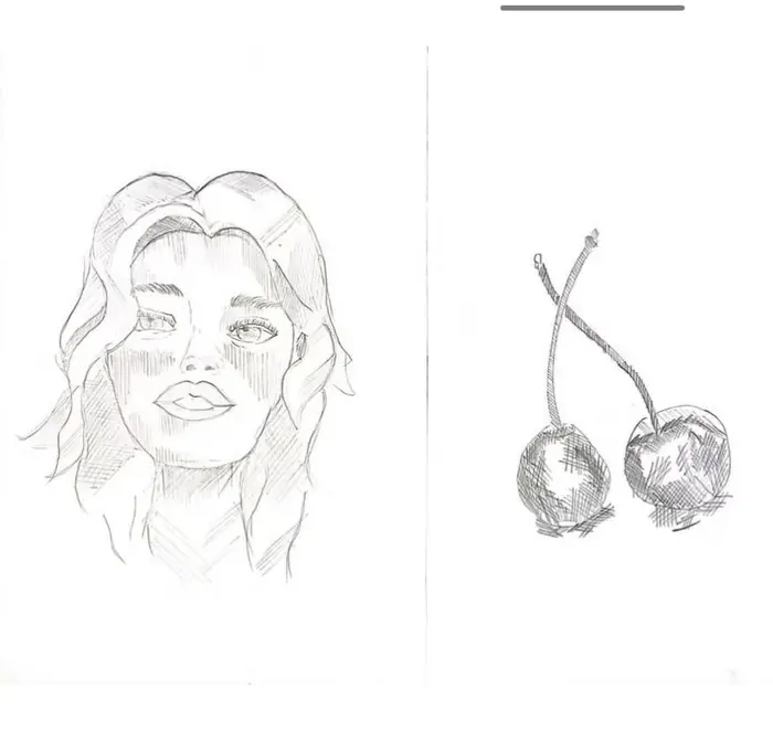 Pencil portrait of a woman with wavy hair, beside a study of two cherries
